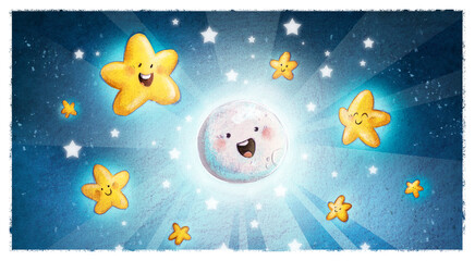 night sky illustration with moon and stars