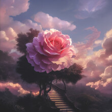 Fantasy Rose On A Stone Staircase. Fairy Landscape With Flowers. Beautiful Pink Rose, Flowers. Fantasy Flower Garden, Magic, Lights, Stairs Up. 3D Illustration.