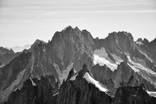 Black And Withe, Fantastic Mountain Peaks From The Aiguille Du Tacul Mont Blanc Massif Photographed From The Aiguille Du Midi Above Chamonix. High Quality Photo