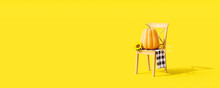 Autumn Seasonal Concept On Yellow Background With Pumpkin On Wooden Chair 3d Render 3d Illustration