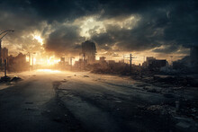 Post-apocalyptic City, Destroyed Buildings, Dystopian Landscape Painting