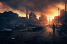 Post-apocalyptic City, Destroyed Buildings, Dystopian Landscape Painting