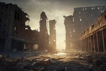 Post-apocalyptic city, destroyed buildings, dystopian landscape painting