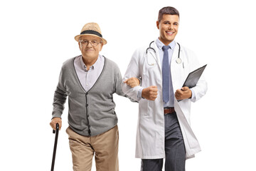 Wall Mural - Male doctor walking with an elderly male patient