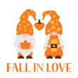 Couple of autumn gnomes. Fall in love. Cute cartoon characters. Vector template for banner, poster, greeting card, shirt, etc