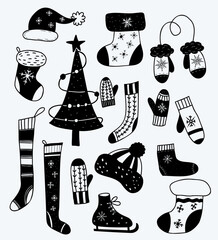 Wall Mural - New Years decor, Christmas tree, skates, knitted socks, mittens and hat, Santa hat and Christmas stocking. Vector hand drawn doodles. Isolated decorative drawings for festive design, decor and cards