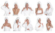 © New Africa - Collage with photos of beautiful young woman with towels on white background