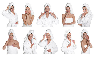 Sticker - Collage with photos of beautiful young woman with towels on white background