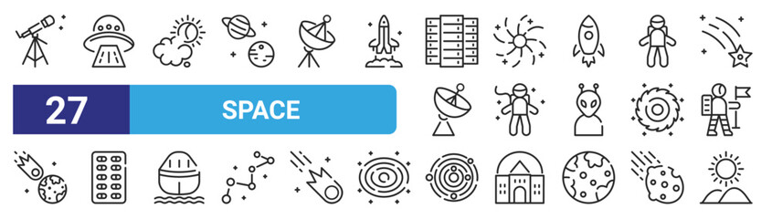 Wall Mural - set of 27 outline web space icons such as telescope, ufo, sun, galaxy, astronaut, pills, galaxy, sun