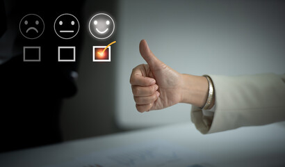 Wall Mural - Businesswoman showing a thumbs up sign, Customer experience satisfaction.