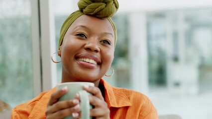 Poster - Relax, black woman drink coffee or tea in creative business, design company or corporate worker with smile and zen. Happy face, success or motivation with leader enjoying cafe, latte or espresso