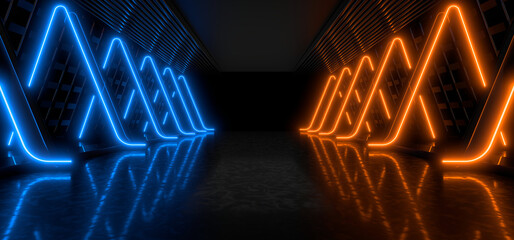 Wall Mural - sci fy neon lamps in a dark corridor. reflections on the floor and walls. 3d rendering image.