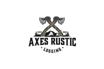 Wall Mural - Axes rustic wood work logging logo axe design carpenter badge emblem style mountain forest logging