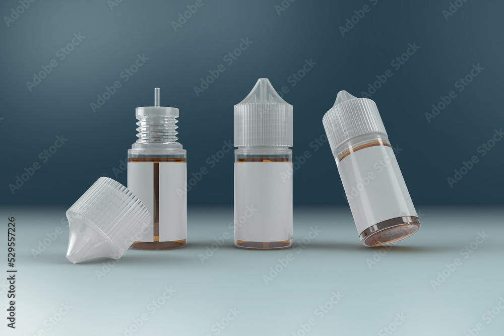 3D Render of 30 ml Bottles e juice Vape Liquid in a blue studio setting  displaying various angles of the Vape Juice Bottles in the scene. 3D Render  Illustration Stock Illustration |