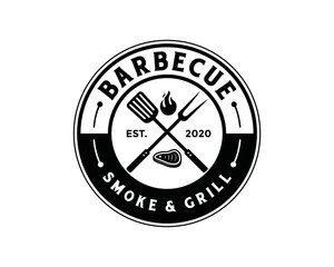 Wall Mural - Grill fork and spatula tools with fire and fresh meat for barbecue or BBQ symbol icon vector. Smoke and grill logo design