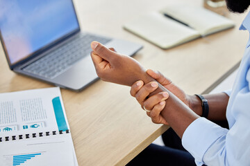 Poster - Wrist pain, business man and muscle injury while sitting at desk and working as a data analyst. Closeup hand of a black male entrepreneur suffering from carpal tunnel syndrome or arthritis in office