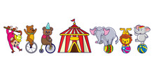 Circus Animal Elements Set: Tent, Monkey Hanging, Bear On A Unicycle, Elephants On A Ball, Lion On A Ball