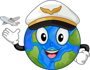 Sticker - Mascot Earth Airplane Pilot Cap Illustration