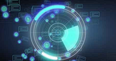 Wall Mural - image of media icons and scope scanning on blue background