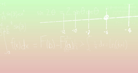 Image of handwritten mathematical formulae over green to pink background