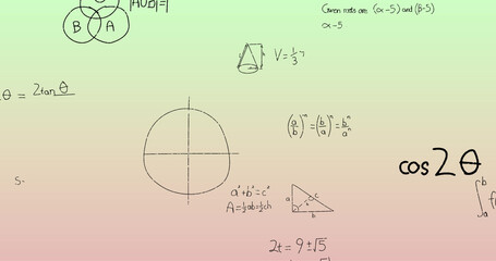 Image of handwritten mathematical formulae over green to pink background