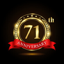 71th Golden Anniversary Logo, With Shiny Ring And Red Ribbon, Laurel Wrath Isolated On Black Background, Vector Design