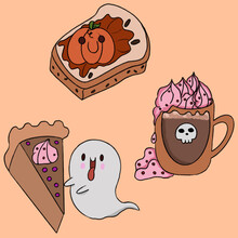 Halloween Sweets Cheesecake Coffee Pumpkin Jam Sandwich Illustration