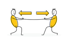 Two Stickman Playing Tug Of War Vector Illustration. Pull Rope In Opposite Direction For Competition Concept.