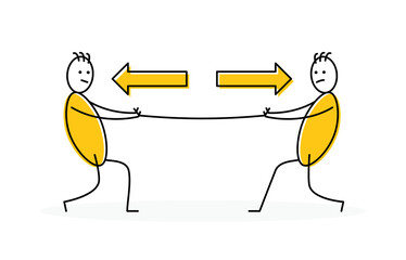 Two stickman playing tug of war vector illustration. Pull rope in opposite direction for competition concept.