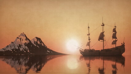 Wall Mural - old sailing ship sunset bright sun beautiful landscape with a sailboat bay mountains snowy, 3d render