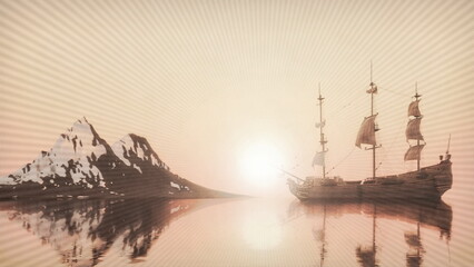 Wall Mural - old sailing ship sunset bright sun beautiful landscape with a sailboat bay mountains snowy, 3d render