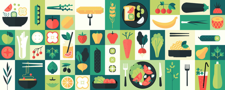 Wall Mural - Abstract geometric organic vegetable food background. Fruits and vegetables, cold drinks, kitchen plants, noodles and salad, geometry farm eating, healthy lifestyle. Vector flat icons