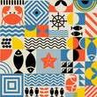 Seafood seamless pattern in Bauhaus style. Geometric poster with abstract geometry Bauhaus swiss. Fish, crab, shrimp, caviar in futuristic minimal shapes, forms
