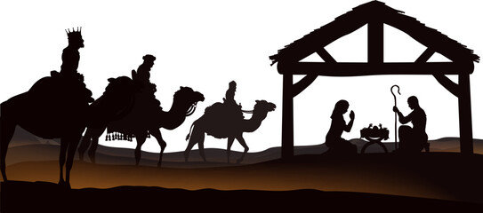 Wall Mural - Traditional Christian Christmas Nativity Scene of baby Jesus in the manger with Mary and Joseph in silhouette and wise men