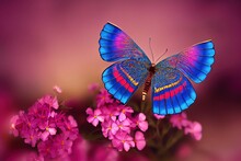 A Bright Butterfly Flies Over A Lush Pink Flower 3D Illustration