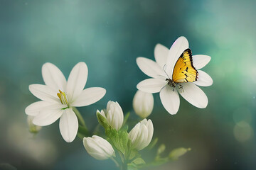 Aufkleber - White flowers on a blurred green-blue background and a yellow butterfly sitting on a delicate flower 3D illustration