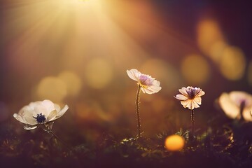 Canvas Print - Beautiful flowers on thin stems in the rays of the evening sun, 3D rendering