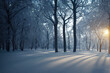 Winter landscape with sunset, forest glade with snow-covered trees in the snow , 3D rendering