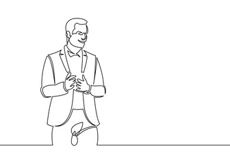 Wall Mural - One line drawing businessman talking on presentation.One continuous line.One continuous line is drawn on a white background.