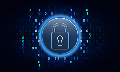 Wall Mural - global security concept dark blue vector illustration with padlock and binary code background.