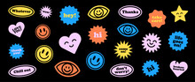 Cool Trendy Retro Stickers With Smile Faces And Messages. 21 Vector Badges, 90s Stickers. Cartoon Comic Patches. Love, Chill, Hi, Thank You. Hipster Retrowave Labels On Black Background