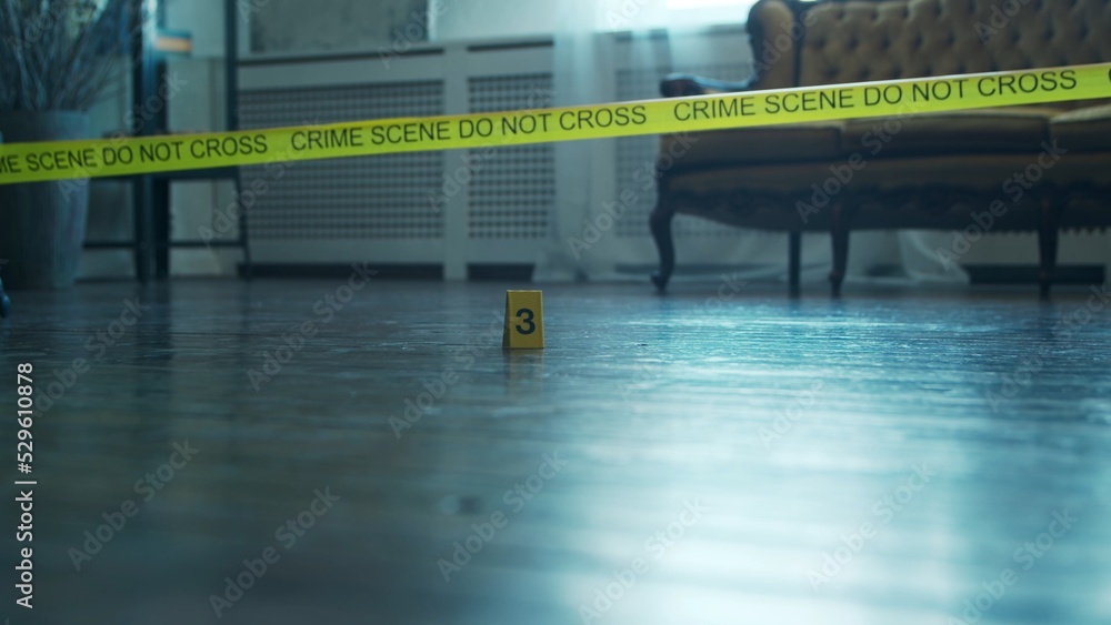 Closeup of a Crime Scene in a Deceased Person's Home. Dead man, Police Line, Clues and Evidence. Serial Killer and Detective Investigation concept.