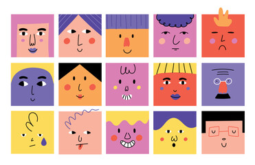  Abstract square faces. Funny cartoon characters with different emotions, doodle style happy trendy avatars, smile people portrait, contemporary geometric illustration, hand drawn vector isolated set