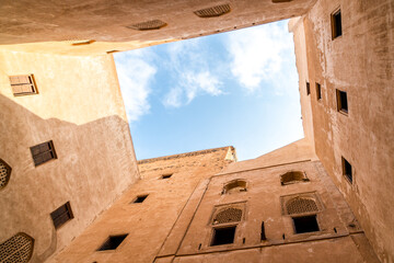 View to the sky from fortress courtyard, Oman