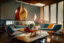 Mid Century Modern Style Interior, Neural Network Generated Art. Digitally Generated Image. Not Based On Any Actual Scene Or Pattern.