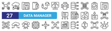 Set Of 27 Outline Web Data Manager Icons Such As Storage, Technology, Diskette, Storage, Padlock, Technology, Diskette, Cloud Vector Thin Icons For Web Design, Mobile App.