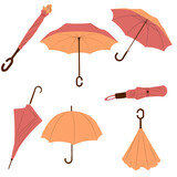 set vector illustration of open and folded umbrellas in flat style. Umbrella in autumn boho colors