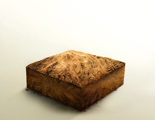 Cubical soil ground cross section with Empty dry cracked soil, land plot for housing construction project, ground ecology, cutaway terrain floor with rock isolated on light background. 3D Illustration