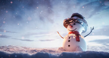 Christmas Snowman In Snow Winter Scenery.