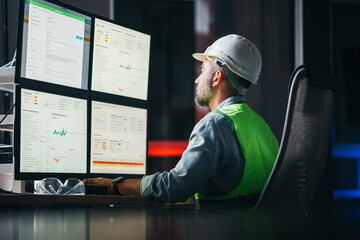 Bearded operator of factory control industry process using monitors. Engineer follow on production line